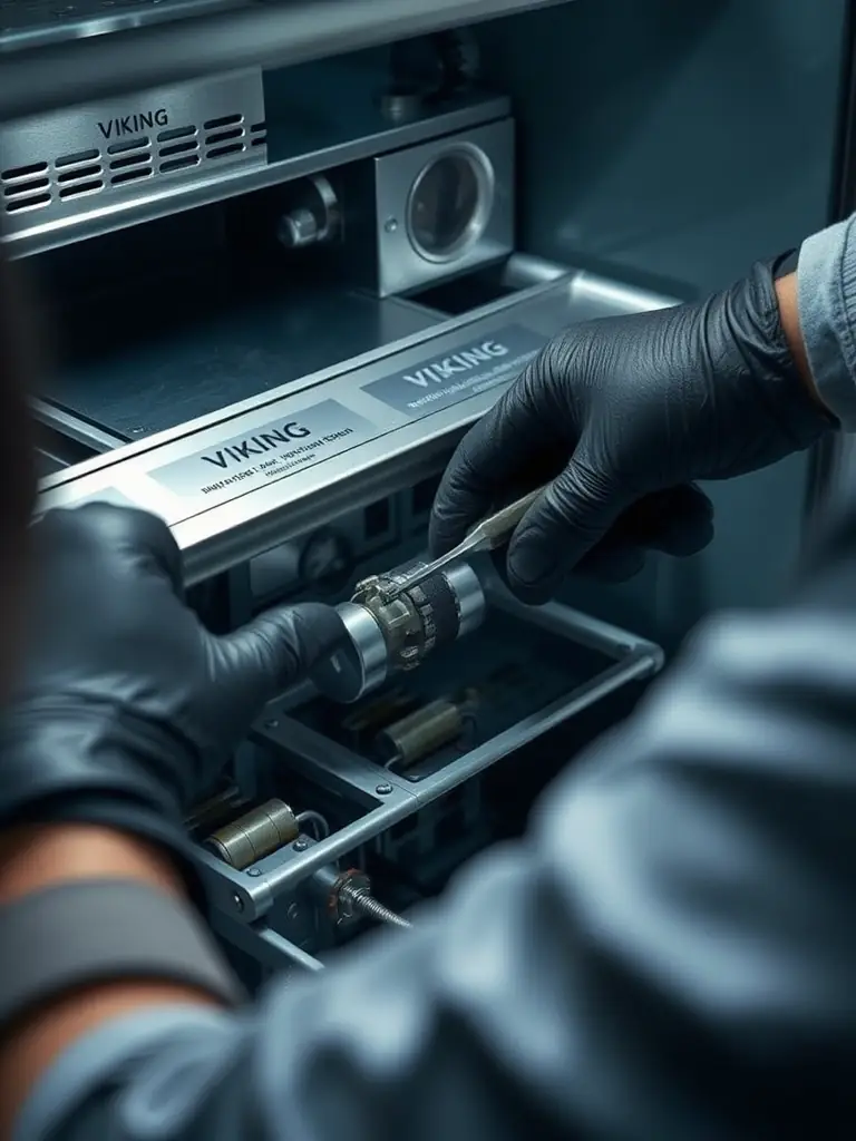 A close-up shot of a technician's hands expertly repairing the intricate components of a Viking refrigerator, emphasizing precision and skill.