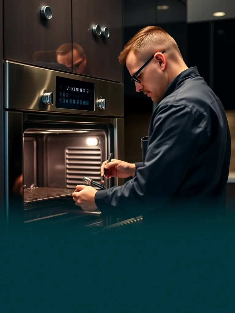 A technician in a clean uniform, using specialized tools to diagnose and repair a Viking oven in a modern kitchen setting.