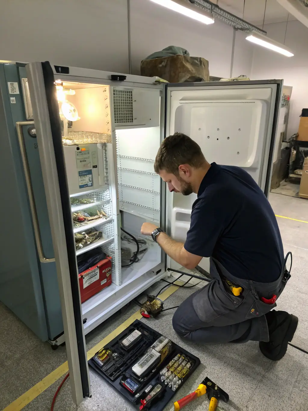 A close-up shot of a technician's hands expertly repairing the internal components of a Viking refrigerator, showcasing precision and expertise.