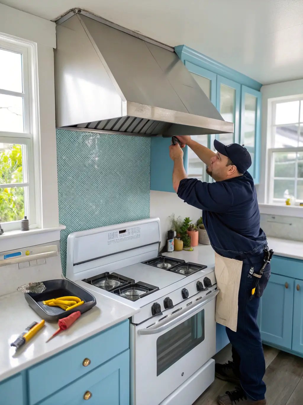 A technician meticulously cleaning and maintaining a Viking stove, highlighting the importance of regular maintenance for optimal performance and longevity.