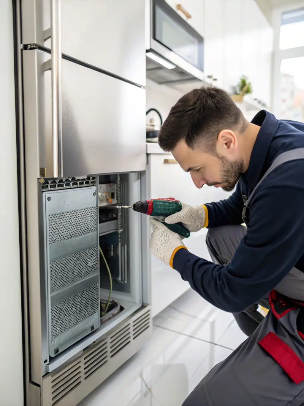 A close-up shot of a technician's hands expertly repairing the intricate components of a Viking refrigerator, emphasizing precision and skill.