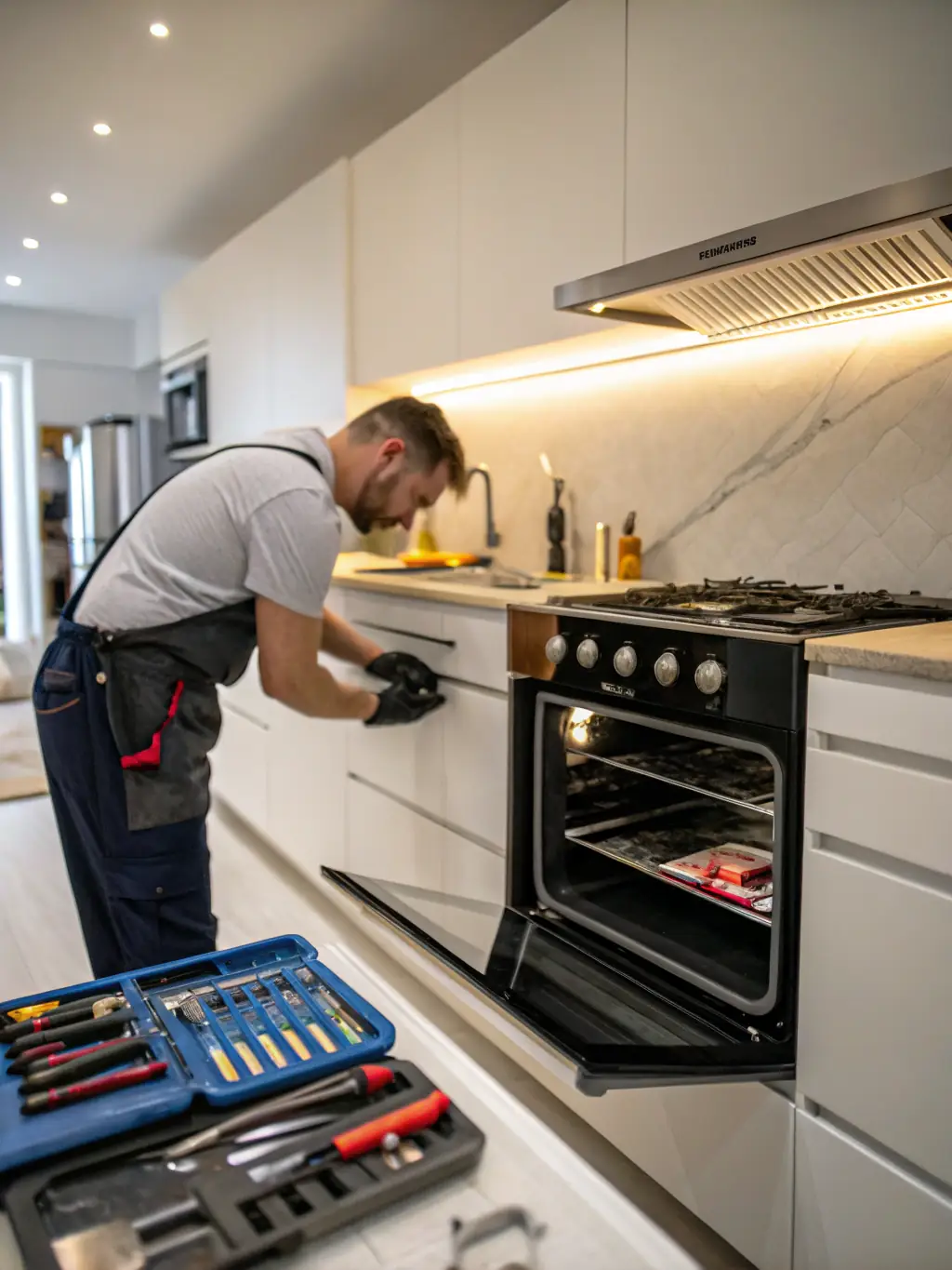 A technician carefully inspecting and cleaning a Viking stove, highlighting the importance of regular maintenance for optimal performance.