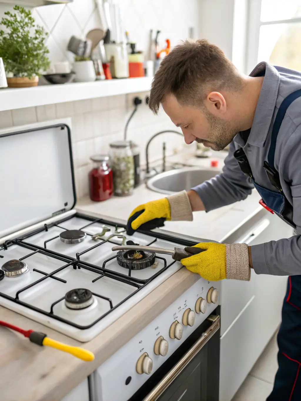 A technician meticulously cleaning and inspecting a Viking stove, highlighting the importance of regular maintenance for optimal performance.