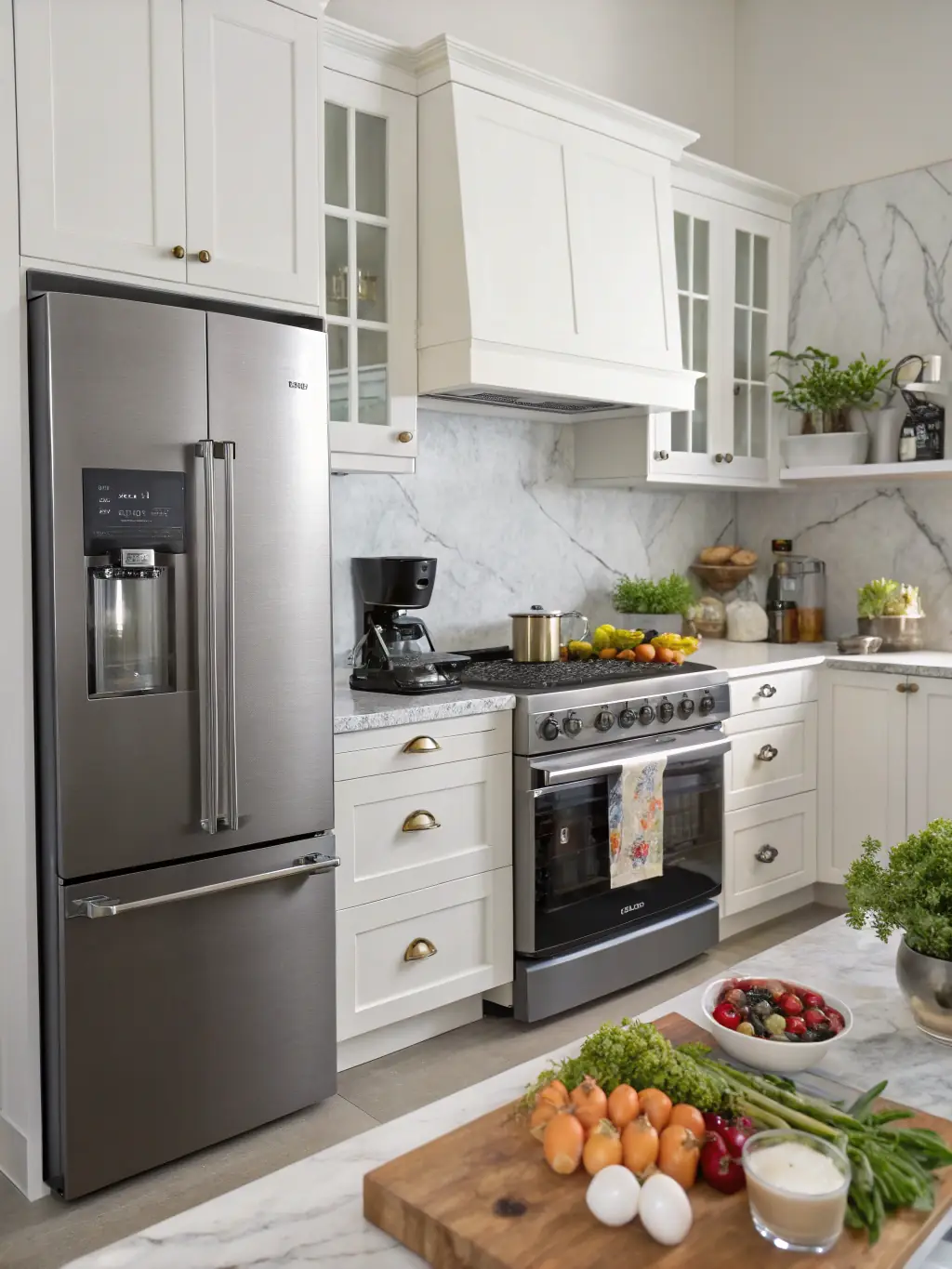 A wide shot of a fully restored Viking appliance set (refrigerator, oven, stove) in a modern kitchen, symbolizing complete appliance solutions.