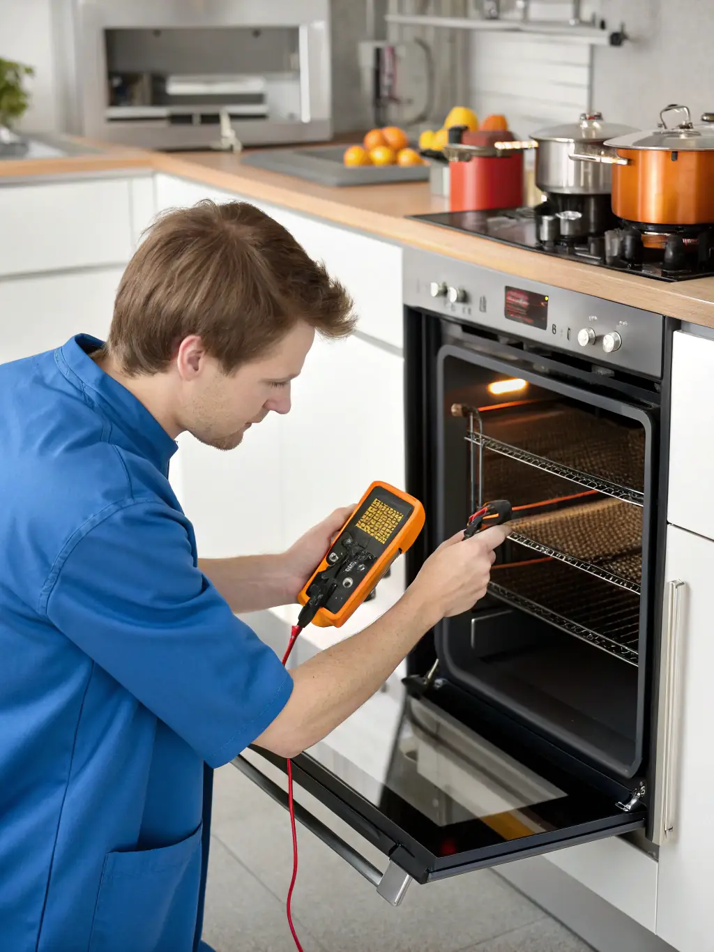 A technician using specialized tools to diagnose and repair a Viking oven in a modern kitchen setting, emphasizing the complexity and skill involved.