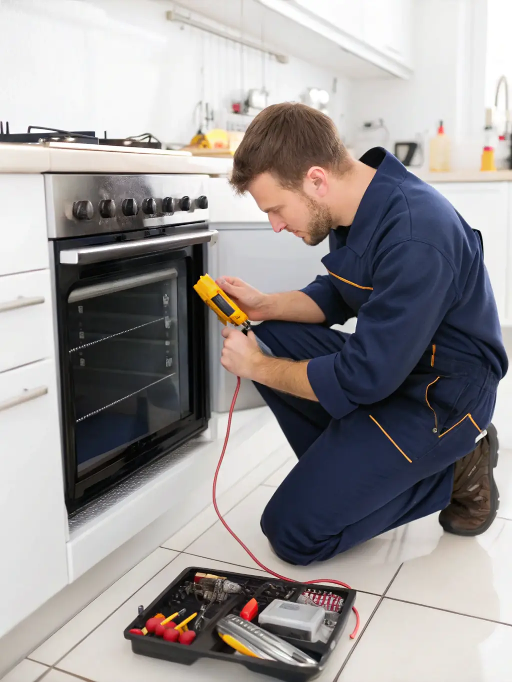 A technician using specialized tools to diagnose and repair a Viking oven in a modern kitchen setting, showcasing expertise and attention to detail.